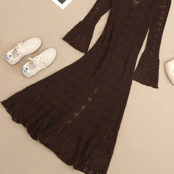 Brown Casual Women's Long Sleeve Button Elegant Crochet caridgan - Picture 8 of 8